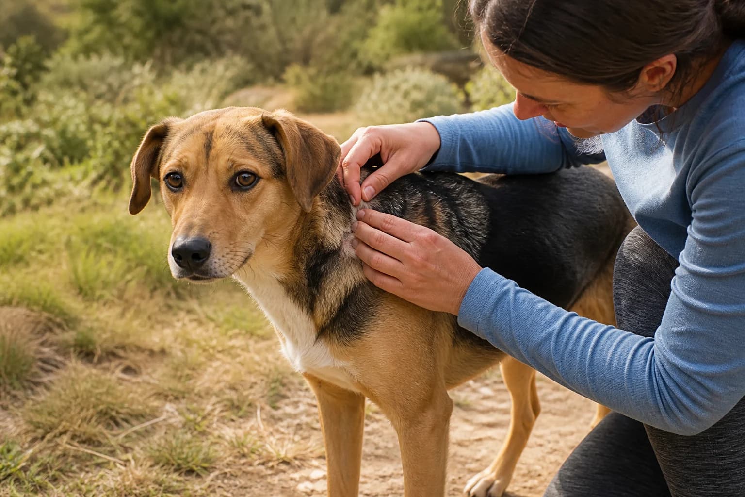 Owner checking a dog for ticks in South Africa